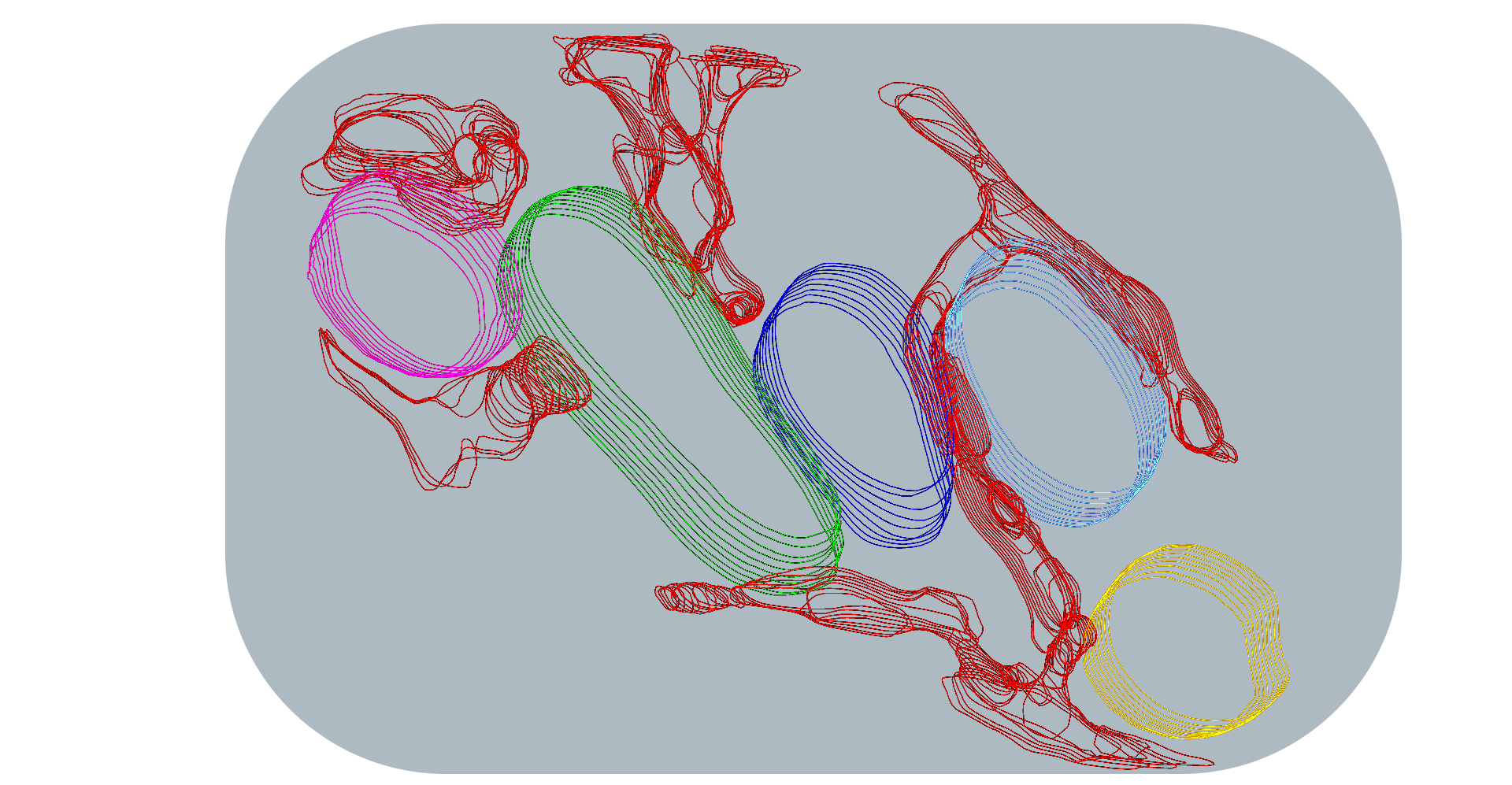 3D rendering of contacts between mitochondria (oval shapes) and the ER (red cisternae). © Robert Gebauer, Grünewald group, CSSB, Hamburg